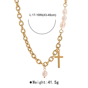 Nuova Collana Trendy con Catena Cubana in Acciaio Inox, Ciondolo a Croce, Placcatura in Oro 18k PVD, Perla e Cuore per Donne - Product Image 4