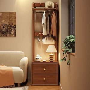 Solid Wood Coat Rack Floor <b>Standing</b> Multi Functional Clothing Storage Cabinet With Hanger And Drawer For Bedroom Home Use - Product Image 3