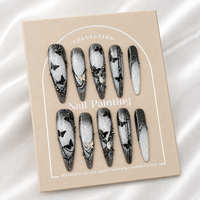 Kuku Palsu Halloween Gothic Buatan Tangan Grosir OEM ODM, Set Kuku Akrilik Bentuk Coffin dengan Glitter 3D Motif Ular, Kupu-kupu, dan Jaring Laba-laba.