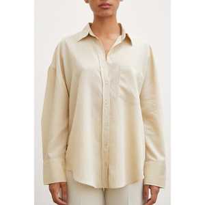 เสื้อเชิ้ตลายทางผ้าลินินผู้หญิงสีเบจติดกระดุมสไตล์มินิมอลสำหรับทุกวัน - Product Image 5