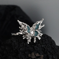 Bague Papillon en Argent Sterling S925 avec Émail Bleu, Zircon Cubique Marquise, Motif Branche Organique, Style Gothique Naturel, OEM pour Marques de Bijoux