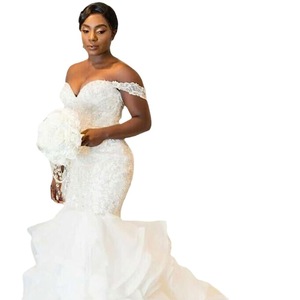 Mermaid Wedding Dress Off Shoulder <b>Lace</b> Applique Fitted Waist Sweetheart Neckline <b>White</b> Ivory Polyester Fabric - Product Image 5