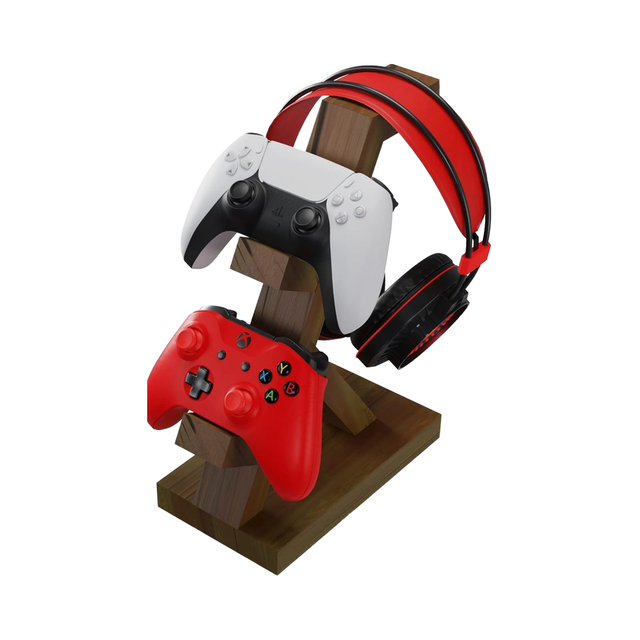 Dual-Tier Standing Wooden Video Game Desk with Controller & Headset Rack Storage Holder and Headphone Rack