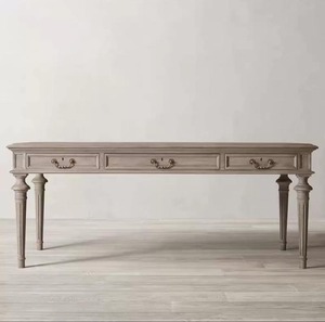 Table basse vintage en chêne massif vieilli, style campagne française, avec 3 tiroirs de rangement, pieds tournés, table centrale pour salon - Product Image 6