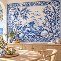Mosaïque murale en céramique bleue et blanche peinte à la main, motif vague de mer, taille personnalisée pour la décoration murale de la salle de bain et de la cuisine