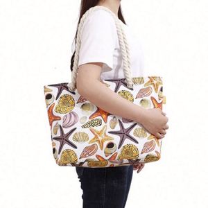 Factory Wholesale Ocean Style Women's Shoulder Shopping <b>Bag</b> <b>Large</b> Capacity Travel <b>Beach</b> <b>Bag</b> With Cotton Rope Handle - Product Image 2