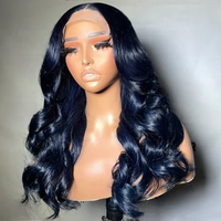 Wig Rambut Asli Natural Wave Long Straight Dark Blue Frontal Glueless, Wig Rambut Manusia Virgin Blue Lace Front Mewah untuk Wanita