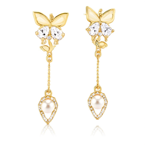 Orecchini Pendenti a Farfalla Placcati Oro con Cristalli, Strass e Perle, Gioielli da Festa per Donne, Stile Romantico - Product Image 1