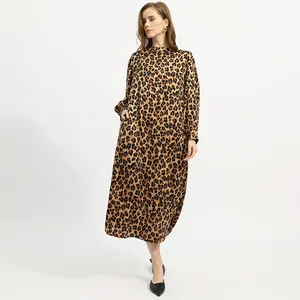 Vestidos elegantes de manga larga rectos con estampado de leopardo MIDI ajustados personalizados con cinturón para mujer