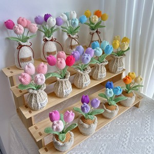 <span class=keywords><strong>Flores</strong></span> de Ganchillo de Algodón Hechas a Mano (Tulipán y Rosa), Plantas Artificiales en Maceta, Decoración Moderna para el Hogar, Duradera y Ecológica - Product Image 2