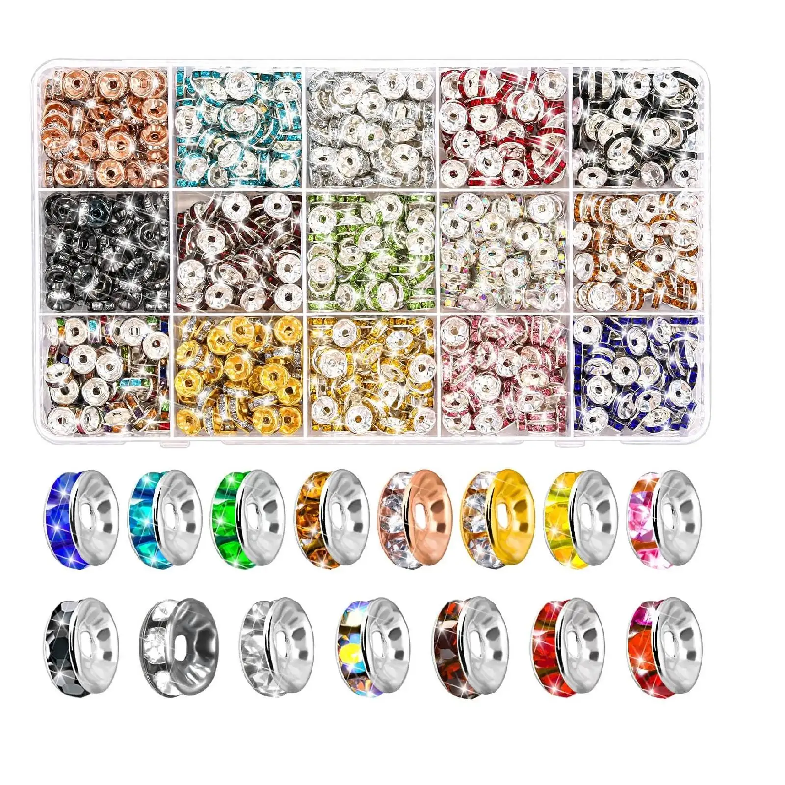 15 Colors 900 Pieces Rondelle Spacer Beads for Jewelry Making 8mm Rhinestone Spacer Beads Crystal Bead Spacers for Bracelets
