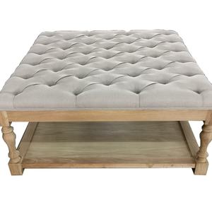 Mesa de Centro Otomana Rectangular de Madera Maciza Reciclada con Tapicería de Tela y Botones Estilo Francés - Product Image 3