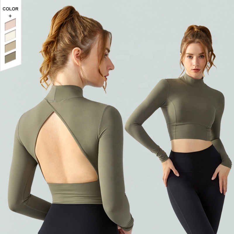 Wholesale Skin Friendly Yoga Long Sleeve Fixed Cup Hollow Out Standing Collar Running Long Sleeves