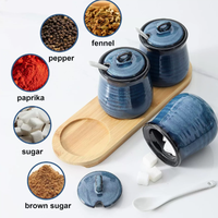 Bocaux à épices en céramique pour la cuisine, avec couvercles, cuillères, plateaux en bambou et récipients pour le stockage des épices.