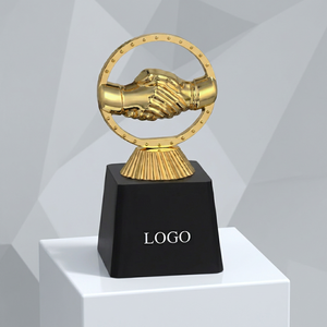 POOJA GIFT CORPORATION Model 644 Gold Plated Portable Handshake Trophy Circular Ring Design Laser <b>Engraved</b> Black Base Corporate - Product Image 1