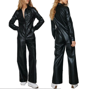 Tute e Body Sexy alla Moda, <span class=keywords><strong>Tuta</strong></span> Nera in Ecopelle con <span class=keywords><strong>Pantaloni</strong></span> Larghi per Donna - Product Image 1