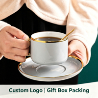 Ensemble tasse à café et soucoupe en porcelaine de luxe avec bordure dorée, motif floral, écologique, durable, mug vintage élégant, cadeau pour le thé de l'après-midi
