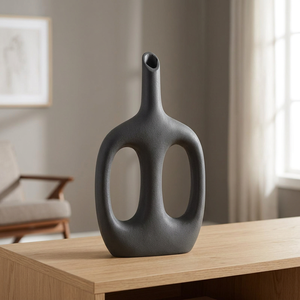 Modern Keepsake Minimalist Aluminum Tabletop <b>Vase</b> with Handle 15.5 in <b>Tall</b> Dark Gray Decorative Piece Jaffs Exports Eco-Friendly - Product Image 6