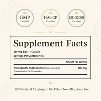 Capsules d'Ashwagandha standardisées à 5% de Withanolides, 600mg, extrait de racine de Withania Somnifera, certifiées GMP ISO, sans OGM, végétaliennes pour adultes
