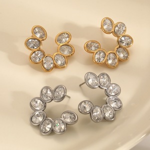Flower <b>Stud</b> <b>Earrings</b> Stainless Steel Bezel <b>Set</b> Crystal Geometric Design Party Wear Gold And <b>Silver</b> Tone - Product Image 1