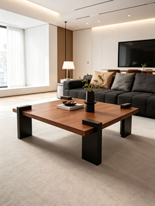 Mesa de Centro de Madera Maciza de Dos Tonos, Estilo Minimalista Wabi Sabi, con Patas Gruesas, para Sala de Estar - Product Image 6