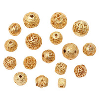 Perles creuses en laiton plaqué or mat JS1672, motif floral rond avec inscription chinoise « Fortune », pour la fabrication de bijoux fantaisie
