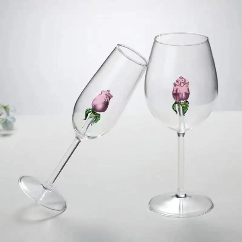 240ml 550ml glass stemware flower designs colorful glass goblets luxury pink rose champagne wine glass cup for birthday gifts