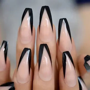 Press On Designed Nails Long Black Border Nude V Color French Style Coffin Shape Artificial Nail Tips