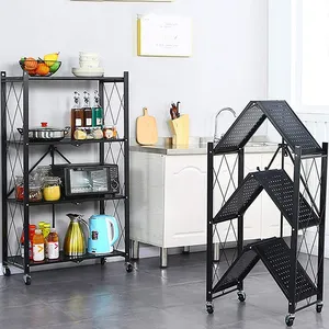 Manufacturer hot sale Storage Shelves Foldable carbon steel 4 tier folding kitchen storage rack organizer rolling kitchen shelf rack