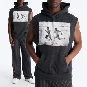 KingSen High Quality Washed Cotton Sleeveless Hoodie OEM <b>Men</b> Vintage Graphic Print Oversized Streetwear Vest - Product Image 1