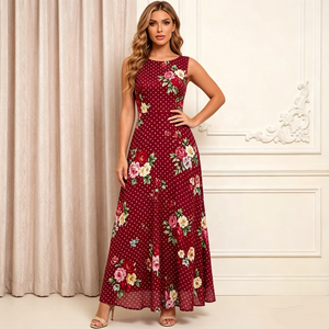 Abito da sera <span class=keywords><strong>bordeaux</strong></span> floreale con pois, modello a trapezio, maxi, scollo rotondo, senza maniche, lunghezza al pavimento, per ballo di fine anno o feste - Product Image 3