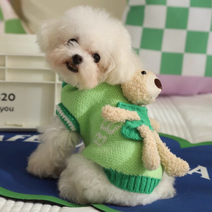 Pull pour chien motif ours mignon vert, vêtements d'hiver confortables pour petits chiens, Pomeranian, Bichon Frisé, Pinscher miniature, Teddy Bear - Product Image 1