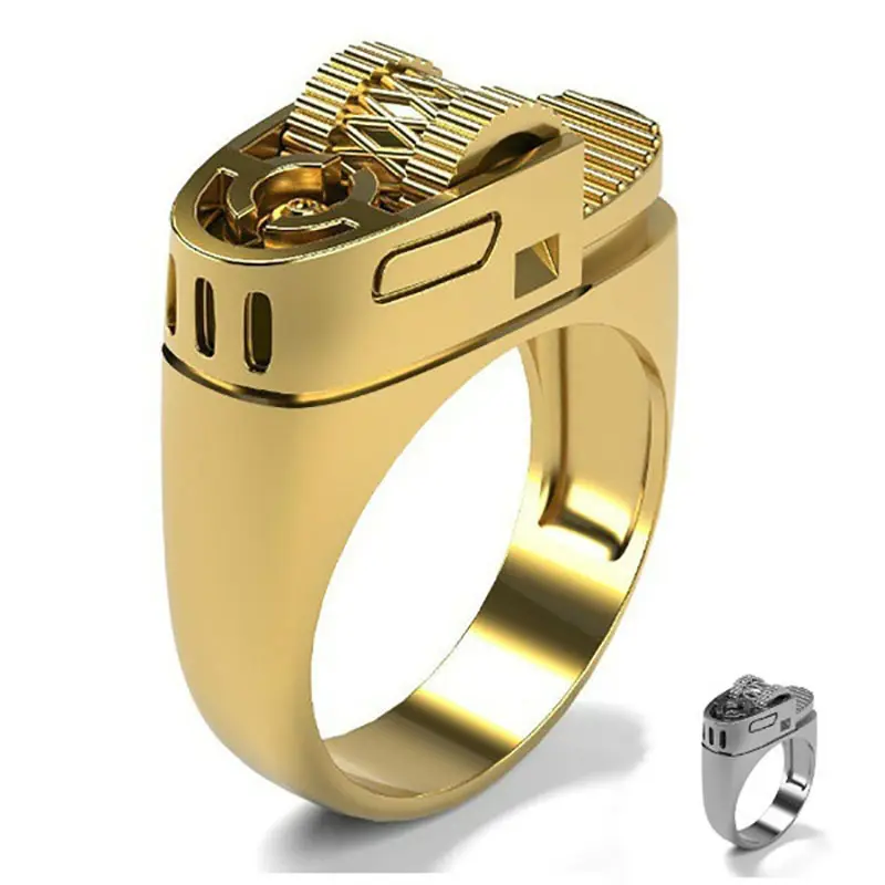 Anello placcato oro con anello a forma di accendino creativo unico in lega Punk di moda per uomo