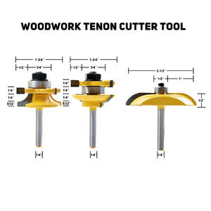 3pc/<b>Set</b> <b>1</b>/<b>4</b> Inch Shank Round Stile Rail <b>Router</b> <b>Bit</b> Woodwork Tenon Cutter Tool - Product Image 2