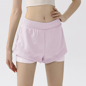 Shorts de course 2-en-1 pour femmes, taille haute élastique, couleur unie, avec poches latérales, anti-transparence, séchage rapide, respirant, pour l'entraînement (vente en gros) - Product Image 6