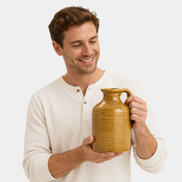 Vase en forme de carafe texturé à nervures rondes avec poignée, récipient à fleurs décoratif rustique pour la décoration de table et de la maison