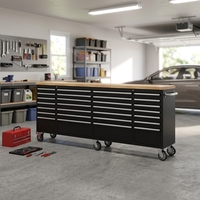 Armoire à outils roulante robuste OEM OBM de 96 pouces, en acier thermolaqué, avec plan de travail en bois massif, multiprise intégrée, capacité de charge de 900 kg