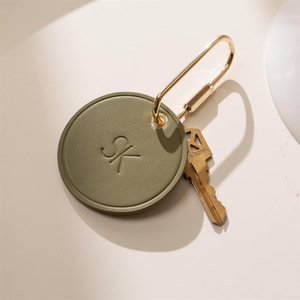PU round <b>keychain</b> pendant, brass buckle bag accessory, <b>leather</b> tag with hot stamping logo. - Product Image 2