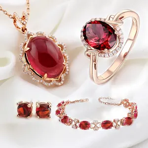 Imitated Pigeon Blood red jewelry sets European Luxury Rose Gold Plated Garnet Four-piece Jewelry Set