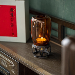 Amber Glass Candle Holder Round Heat Resistant Home Decoration Tea Ceremony Accessory - Product Image 1
