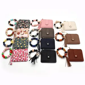 2024 Hot Sell PU Leather Wallet Women's Keychain Wood Silicone Bead Bracelet Zip Bag Wallet Keychain