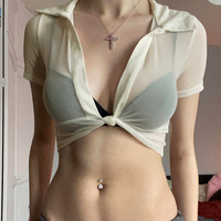 Cárdigan de malla transparente para mujer, top con lazo frontal, color sólido, ligero, para verano, manga larga, a la moda