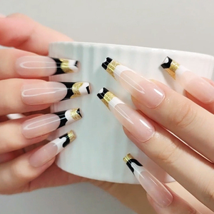 Prensa de ataúd larga de plástico Abs en las uñas Diseños de uñas de Punta <span class=keywords><strong>francesa</strong></span> natural desnuda con arte de puntas de uñas egipcias antiguas doradas brillantes - Product Image 3