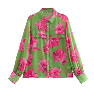 CS420 New 2023 American Stylish print Floral Patchwork Long Sleeve Shirt Blouse Tops Wholesale 5
