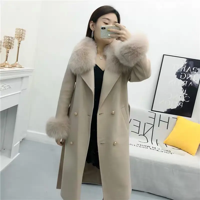 CX-G-T-20A Double Breasted Fur Jackets Outwear Fox Fur Collar and Cuffs Women Trench Coat