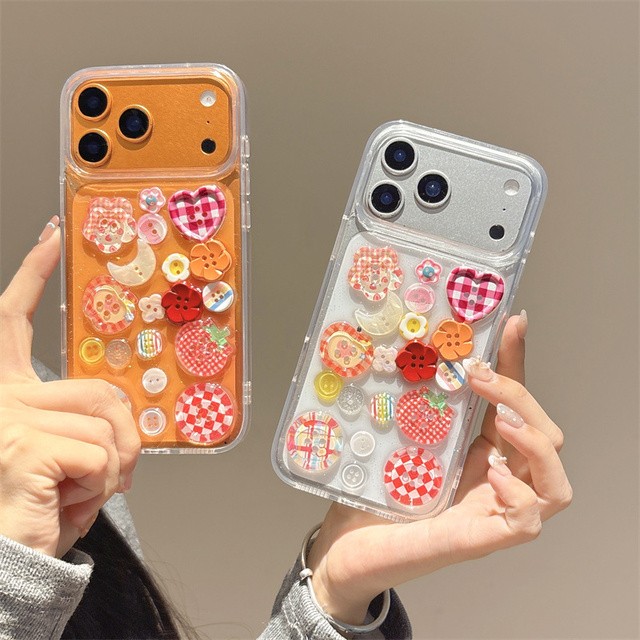 Cute Glitter Flower Love Mobile Phone case for iPhone 17 16 15 14 Pro Max Transparent Moon DIY Clothes buttons Resin back Cover