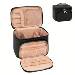 Luxury PU Leather <b>Makeup</b> <b>Case</b> Double Zipper Cosmetic Organizer with Front Pocket & Handle - Product Image 1