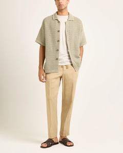 남자의 오픈 직조 니트 셔츠 반소매 린넨 혼방 버튼 업 캠프 칼라 크로 셰 뜨개질 스타일 최고 카키 - Product Image 2