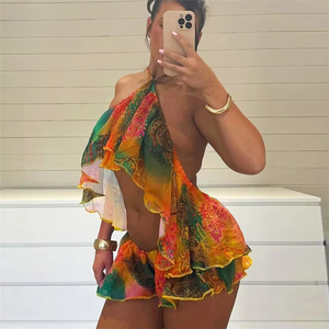 Colorful Print 2 Piece <b>Set</b> Woman Summer Trend Alter Backless Ruffles Camisole Tops and Elastic Waist Sorts Beac Style Suits - Product Image 1