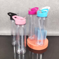 Entrepôt aux États-Unis Bouteille d'eau de 16oz en plastique transparent à double paroi sans Bpa pour enfants avec paille à rabat colorée et couvercles